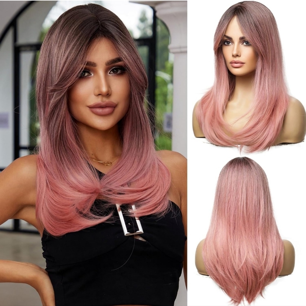 Long Ombre Pink Women's Wig Layered Synthetic Hair Wig 20"